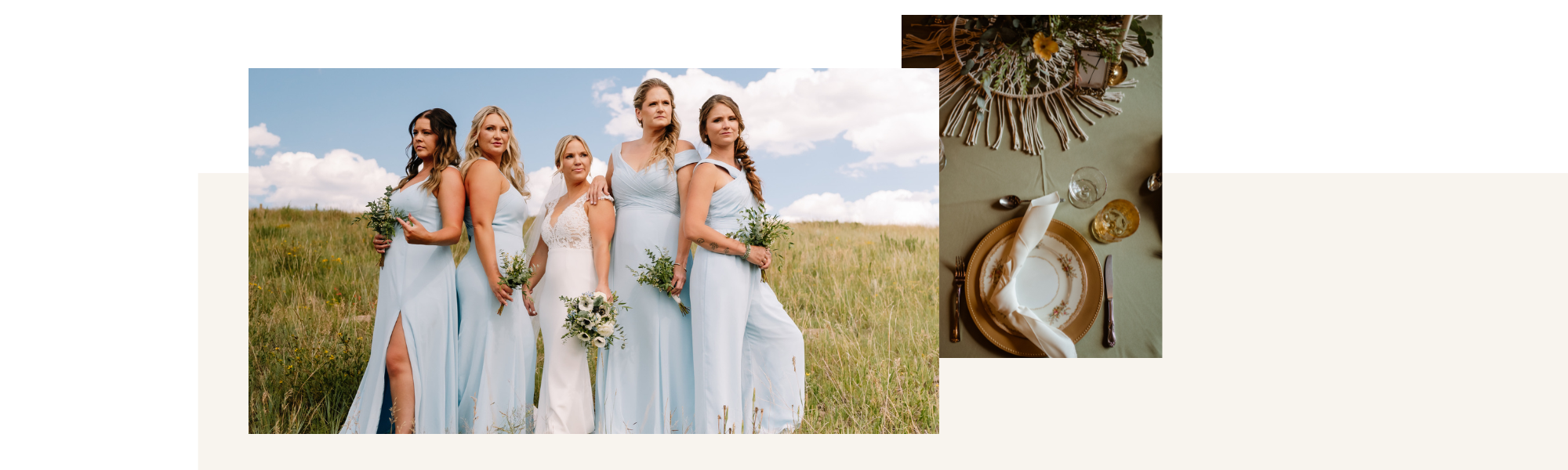 first look of bride and bridesmaids and upclose photo of wedding reception decor 