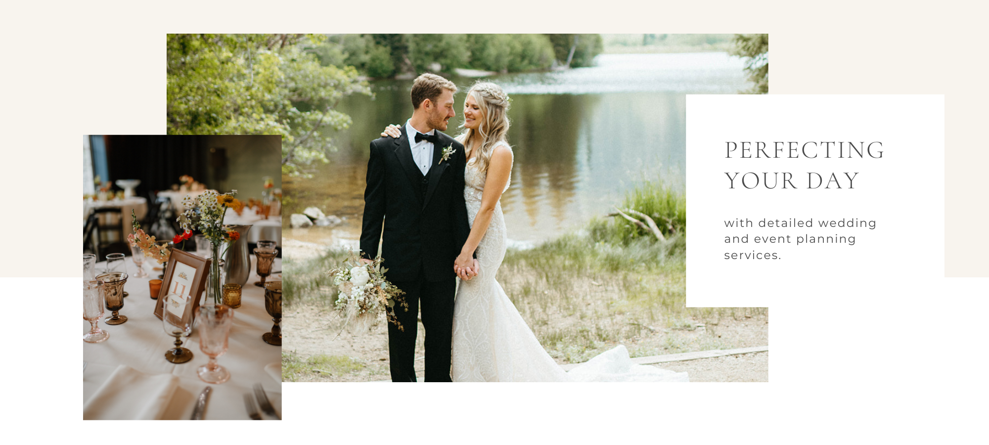 wedding decor and bride and groom in an open field 